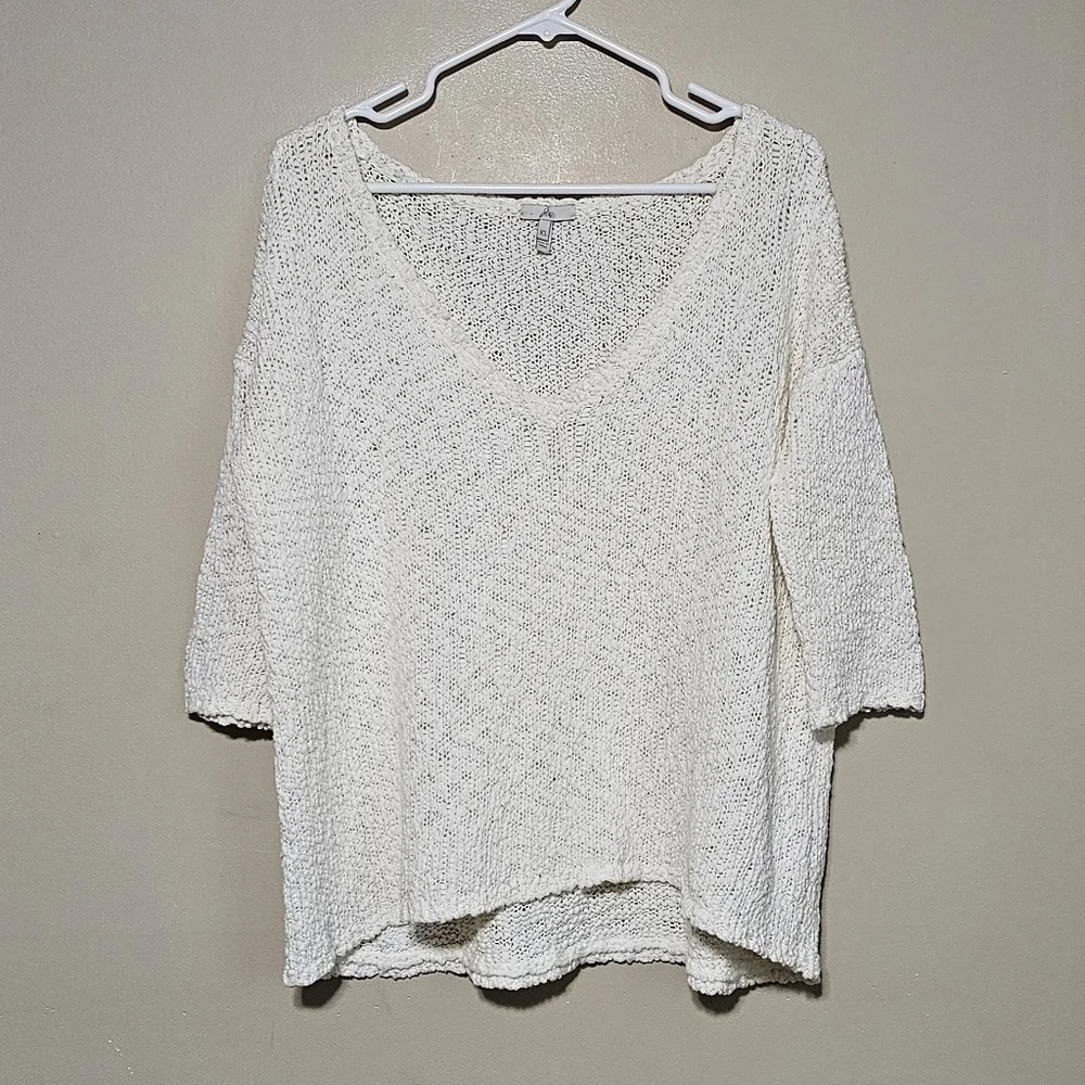 Joie Sweater Women's Size X-Small White 3/4 Sleeve V-neck Open Knit Pull Over